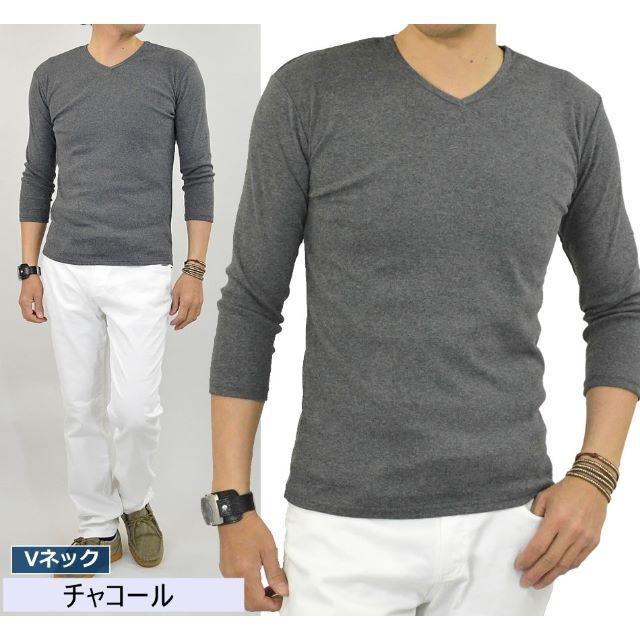 7分袖 メンズ Tシャツ Vネック M L XLサイズ 無地 黒 グレー 白 メンズのトップス(Tシャツ/カットソー(七分/長袖))の商品写真