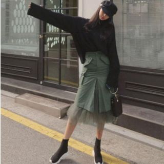 ザラ(ZARA)のチュールスカート💚カーキ(ひざ丈スカート)