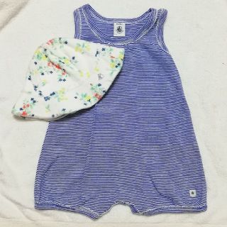 プチバトー(PETIT BATEAU)のプチバトー　ブルーボーダー柄タンクトップロンパース12m/74cm(ロンパース)