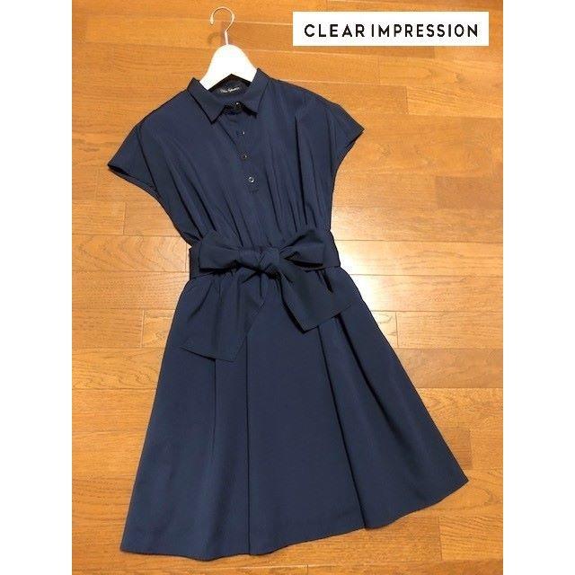 CLEAR IMPRESSION(クリアインプレッション)の新品同様クリアインプレッション★リボン付シャツワンピース　ネイビー  レディースのワンピース(ひざ丈ワンピース)の商品写真