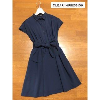 クリアインプレッション(CLEAR IMPRESSION)の新品同様クリアインプレッション★リボン付シャツワンピース　ネイビー (ひざ丈ワンピース)