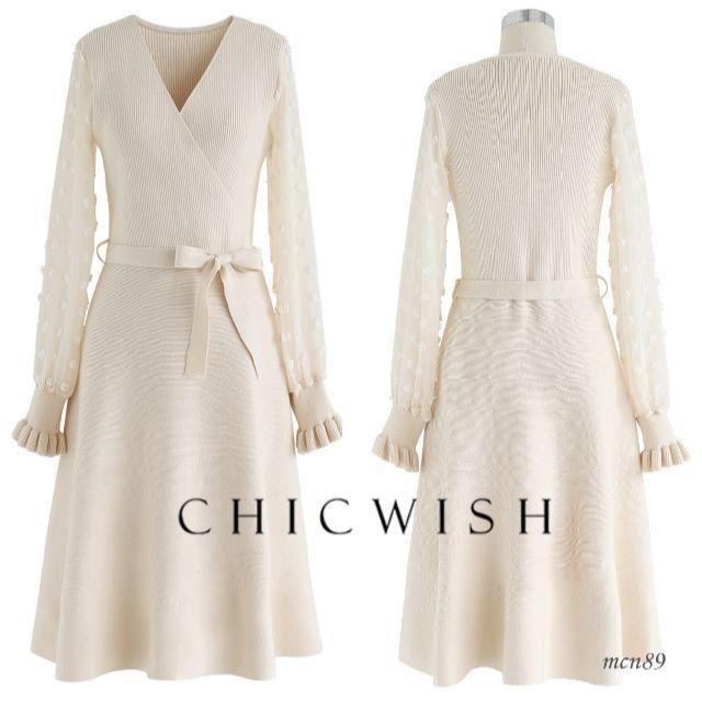 Chicwish(シックウィッシュ)の【新品・タグ付】chicwish　シフォンスリーブニットワンピース　アイボリー レディースのワンピース(ひざ丈ワンピース)の商品写真