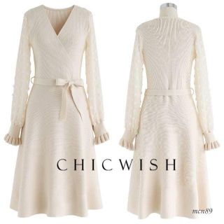 シックウィッシュ(Chicwish)の【新品・タグ付】chicwish　シフォンスリーブニットワンピース　アイボリー(ひざ丈ワンピース)