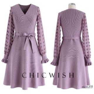 シックウィッシュ(Chicwish)の【新品・タグ付】chicwish　シフォンスリーブニットワンピース　ピンク(ひざ丈ワンピース)