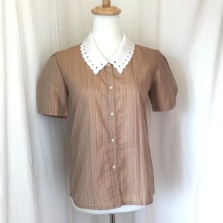 サンタモニカ(Santa Monica)のusedレトロ ストライプ 刺繍襟 ブラウス 古着 ヴィンテージ vintage(シャツ/ブラウス(半袖/袖なし))