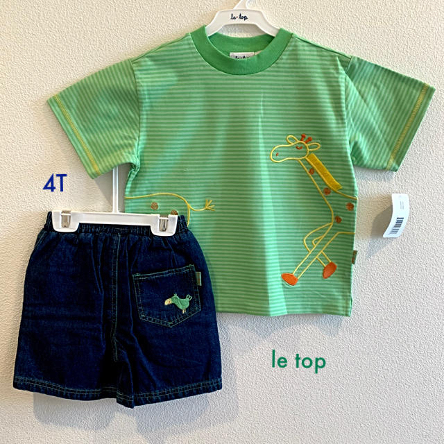 Le Top(ルトップ)のle top 4T グリーンストライプのTシャツとデニムのパンツセット キッズ/ベビー/マタニティのキッズ服男の子用(90cm~)(Tシャツ/カットソー)の商品写真