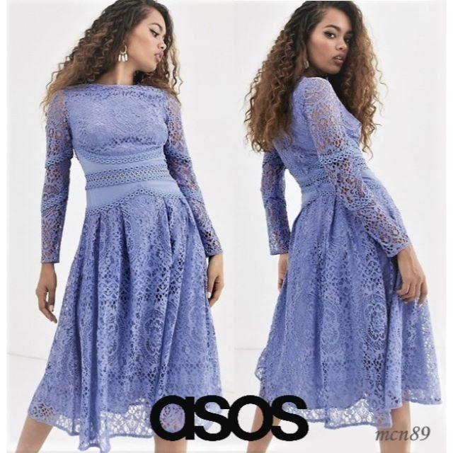 asos【新品・タグ付】asos　レースプリーツミディドレス　UK4