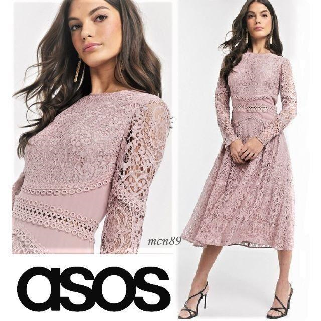 【新品・タグ付】asos　レースプリーツミディドレス　UK4身幅