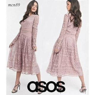 エイソス(asos)の【新品・タグ付】asos　レースプリーツミディドレス　UK4(ひざ丈ワンピース)