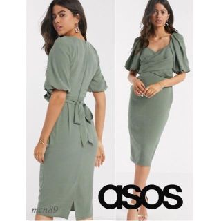 エイソス(asos)の【新品・タグ付】asos　パフスリーブミディドレス　UK4(ひざ丈ワンピース)