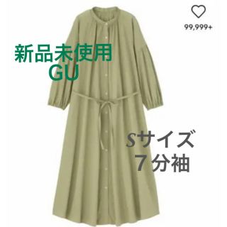 ジーユー(GU)の新品未使用！GU☆バンドカラーギャザーワンピース S ７分袖(ロングワンピース/マキシワンピース)