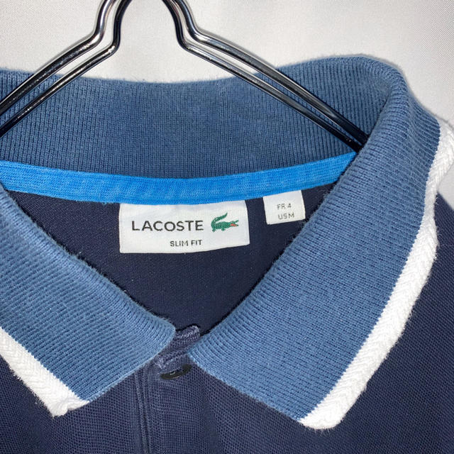 LACOSTE(ラコステ)の【希少】ラコステ　スリムフィット　刺繍ロゴ　ポロシャツ　ネイビー系　紺色 メンズのトップス(ポロシャツ)の商品写真