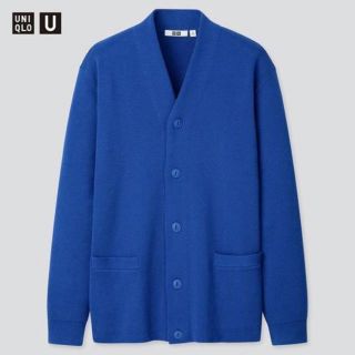 ユニクロ(UNIQLO)のUNIQLO U ミドルゲージVネックカーディガン　BLUE　Lサイズ(カーディガン)