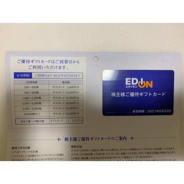 エディオンの株主優待　15000円