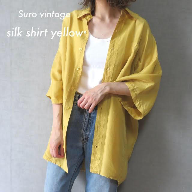 90s 半袖 ビッグシルクシャツ イエロー 女子 vintage