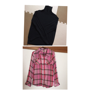 オゾック(OZOC)の黒タートルネックとwcチェックシャツ(ニット/セーター)