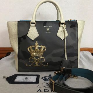 ADMJ　ハンドバッグ　カモフラ　スパンコール　ゴールド金具　PVCxレザー