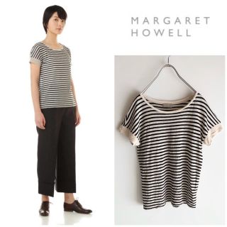 マーガレットハウエル(MARGARET HOWELL)のマーガレットハウエル ボーダーリネン半袖ニット ベージュ 2 MHL.(ニット/セーター)