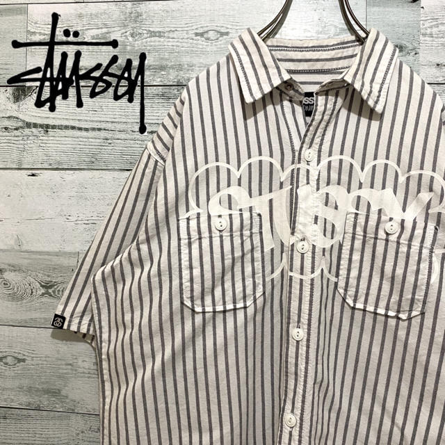 【人気】ステューシー☆ビッグロゴ ストライプ ワンポイントロゴ 半袖シャツシャツ