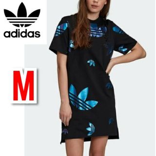 アディダス(adidas)のアディダスオリジナルス ラージロゴ Tシャツ ワンピース 半袖 ブラック 出品(ひざ丈ワンピース)