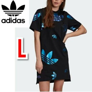 アディダス(adidas)のアディダスオリジナルス ラージロゴ Tシャツ ワンピース 半袖 ブラック 出品(ひざ丈ワンピース)