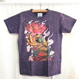 送料無料 新品 アジアン Tシャツ ロータス ウォッシュ加工 パープル R470(Tシャツ/カットソー(半袖/袖なし))