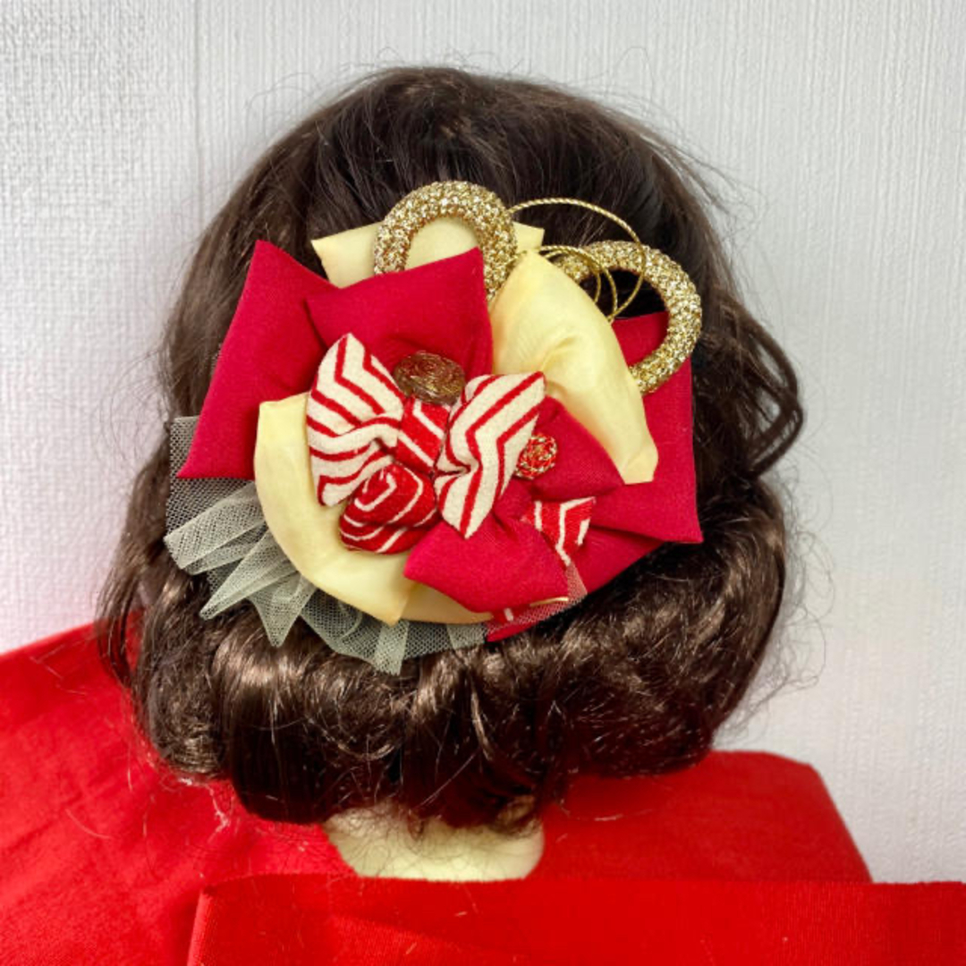 赤リボンヘアアクセサリー   和装髪飾り 七五三 浴衣 成人式 古布