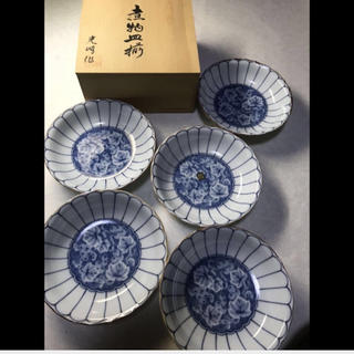 光峰作　煮物皿揃　有田焼　白と藍　５枚組(陶芸)