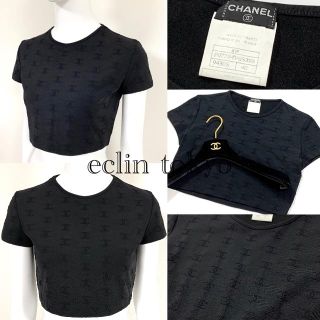 シャネル(CHANEL)のCHANEL ココマーク ロゴ刺繍 Tシャツ ショート丈 黒 E2149(Tシャツ(半袖/袖なし))