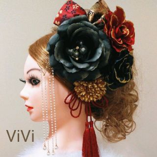 髪飾りViVi ～暈し黒×赤黒薔薇･蝶パール簪～ 成人式 結婚式 花魁 かんざし(その他)