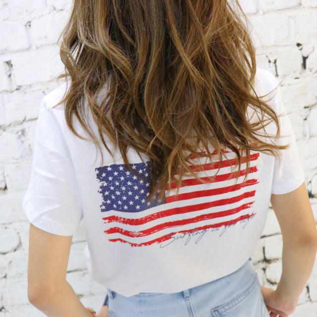 ALEXIA STAM(アリシアスタン)のカリフォルニア系☆アメリカンフラッグバッグプリントTシャツ　M ロンハーマン レディースのトップス(Tシャツ(半袖/袖なし))の商品写真