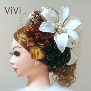 髪飾りViVi ～金ビラ付き・豪華百合&ダリア～ 成人式 結婚式 花魁 かんざし(和装小物)