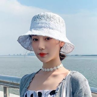 新作 韓国フラワーレースハット高雅お姫様風　白ホワイト　春夏日焼け止め女優帽(ハット)