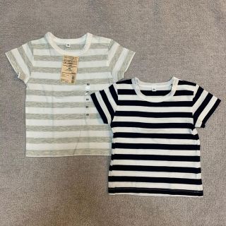 ムジルシリョウヒン(MUJI (無印良品))の無印 2枚組 しましま半袖Tシャツ  80cm ベビー ライトグレー ネイビー(Tシャツ/カットソー)