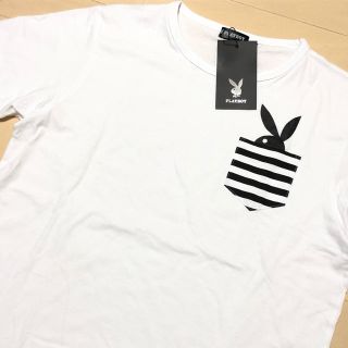 プレイボーイ(PLAYBOY)の新品　白　Ｍ　PLAYBOY プレイボーイ　ボーダーポケット付き　Ｔシャツ(Tシャツ/カットソー(半袖/袖なし))