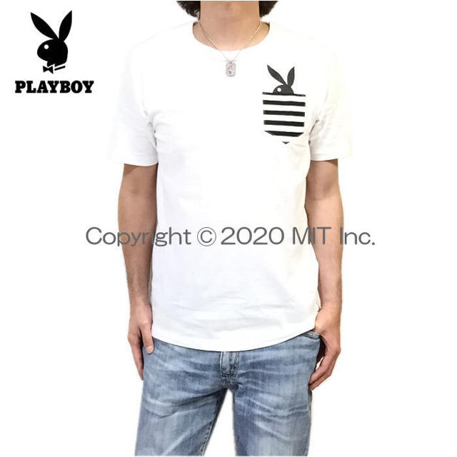PLAYBOY(プレイボーイ)の新品　白　Ｍ　PLAYBOY プレイボーイ　ボーダーポケット付き　Ｔシャツ メンズのトップス(Tシャツ/カットソー(半袖/袖なし))の商品写真