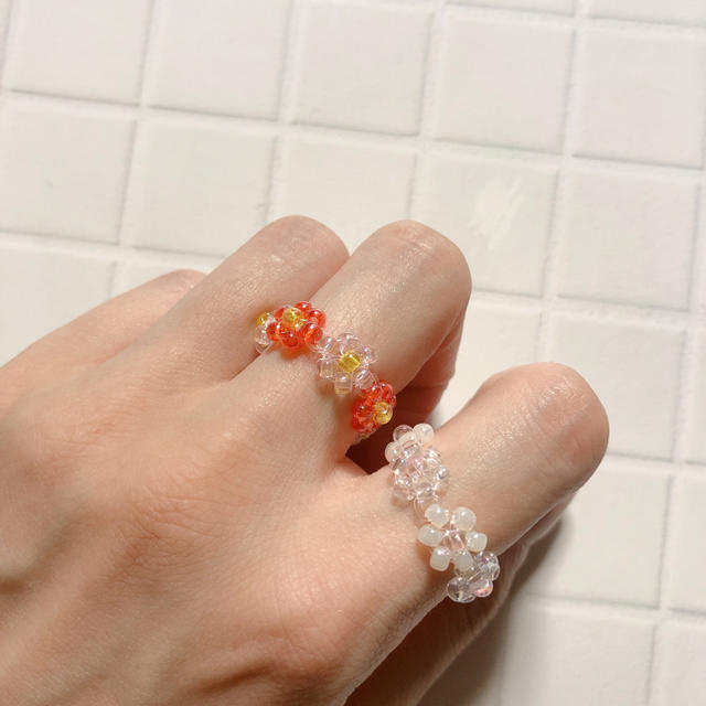 ピンクリング　ビーズリング　비즈반지　ハンドメイド ハンドメイドのアクセサリー(リング)の商品写真