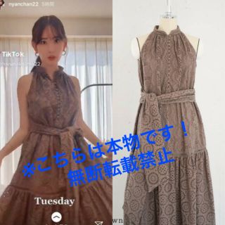 スナイデル(SNIDEL)のheplipto Lace-trimmed Belted Dress Brown(ロングワンピース/マキシワンピース)