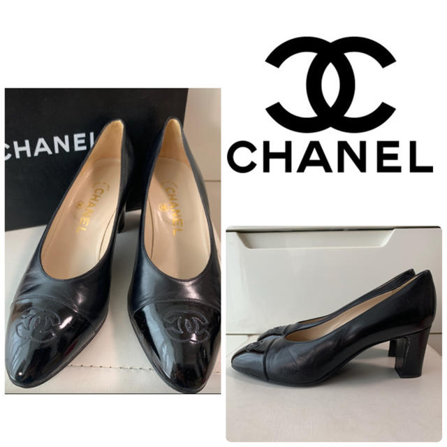 CHANEL ブラックレザー アイコントゥ パンプス-