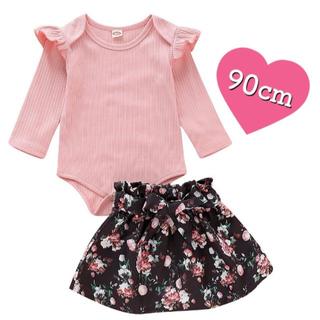新品 90㎝ ロンパース スカート セットアップ ピンク 花柄ブラック ベビー服(その他)