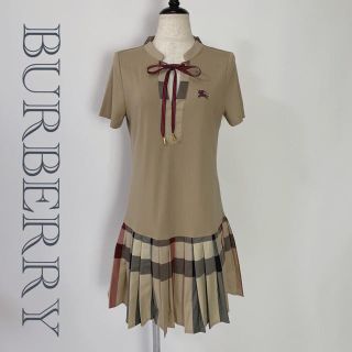 バーバリー(BURBERRY)のBURBERRY 半袖 ワンピース ロゴ刺繍 カーキ モカ 4 レディース(ひざ丈ワンピース)