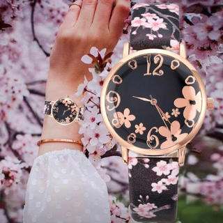 レディース ファッション ブラック　腕時計　花柄(腕時計)