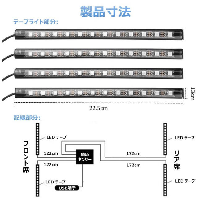 テープLED マルチカラー 音楽連動 スマホ操作 2個 自動車/バイクの自動車(車内アクセサリ)の商品写真