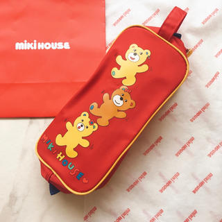 ミキハウス(mikihouse)の美品 ミキハウス レトロ くま シューズバッグ ナイロン ロゴ/赤 通園 レア(シューズバッグ)