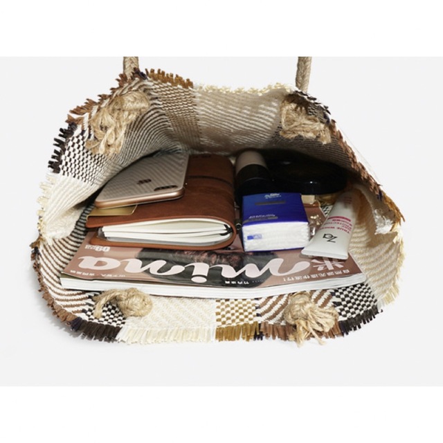 麻縄ストライプトート リネン風 カジュアル ナチュラル バッグ エコ サブ レディースのバッグ(トートバッグ)の商品写真