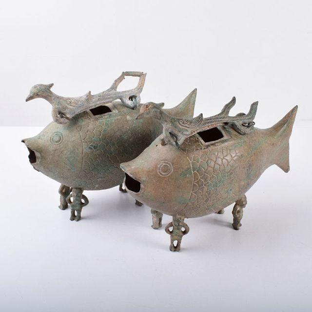 中国 漢銅器 青銅 鳥魚形香炉 一對 M R2918B 金属工芸 中国 漢銅器 青銅 鳥魚形香炉 一對 M R2918B 金属工芸