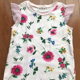 ブランシェス(Branshes)の袖チュール花柄Tシャツ、フリル袖花柄Tシャツ(Tシャツ/カットソー)