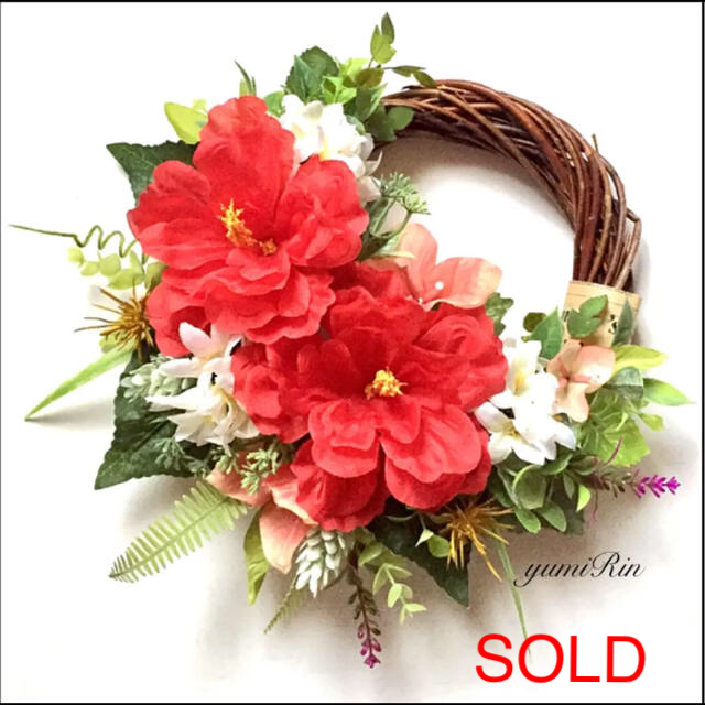 国産品 赤いハイビスカスのリース♡夏リース♡フラワーリース リース