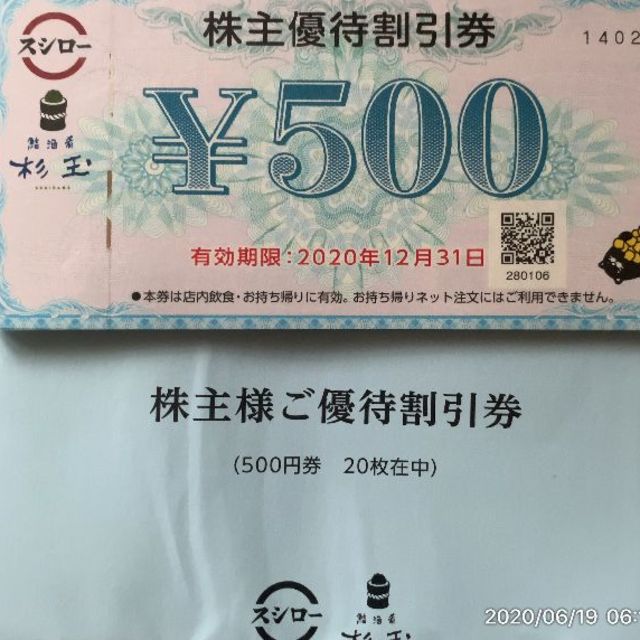 スシロー　株主優待割引券　1万円分（500円券20枚）ラクマパック使用