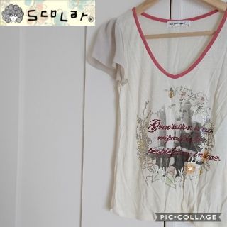 スカラー(ScoLar)の【Mon-peche-mignon】◎美品◎袖シフォンプリント半袖カットソー(カットソー(半袖/袖なし))